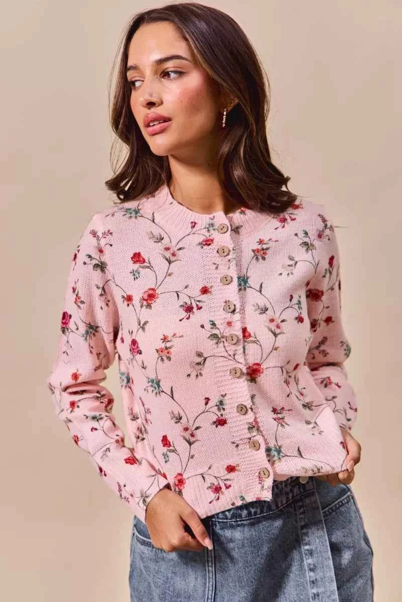 Sarah Express Women's Floral Print Button Front Cardigan Sweater Top BLUSH