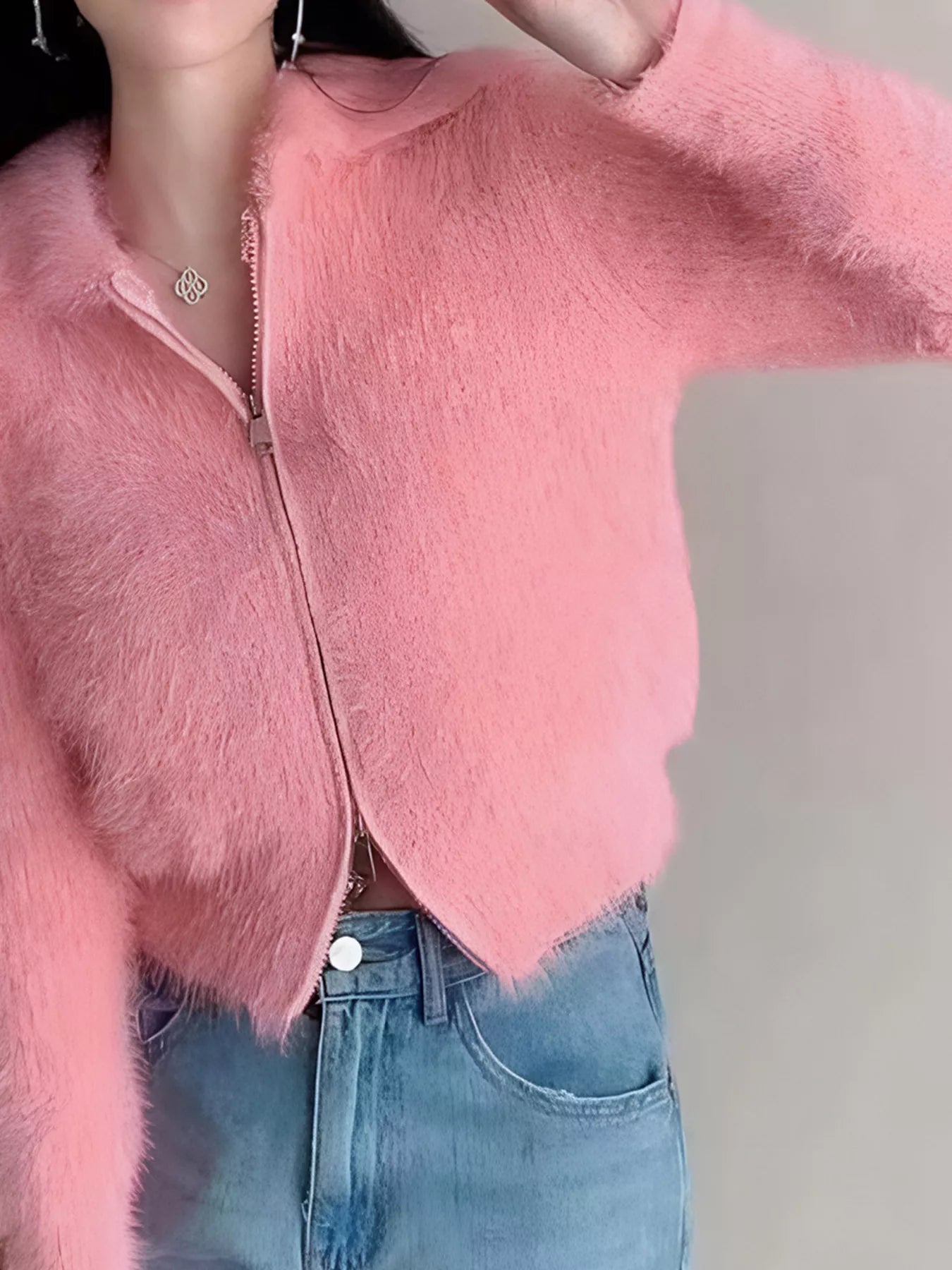 Sarah Express Women's Fluffy Knit Zip-Up Cardigan