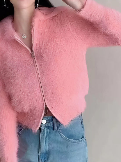 Sarah Express Women's Fluffy Knit Zip-Up Cardigan