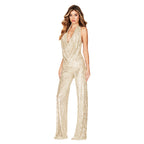 Sarah Express Women's Sequined Halter Jumpsuit Sleeveless Backless Wide Leg Summer Party Evening One-Piece