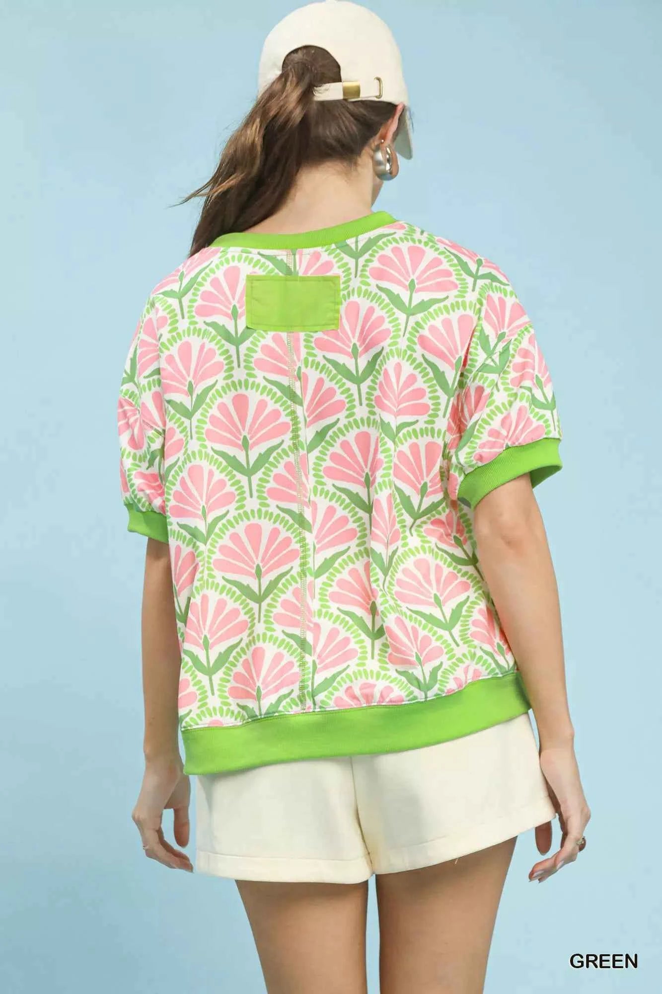 Sarah Express Women's Floral Print French Terry Top - Short Sleeve Crew Neck Knit Shirt