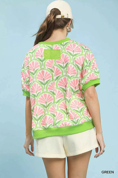 Sarah Express Women's Floral Print French Terry Top - Short Sleeve Crew Neck Knit Shirt