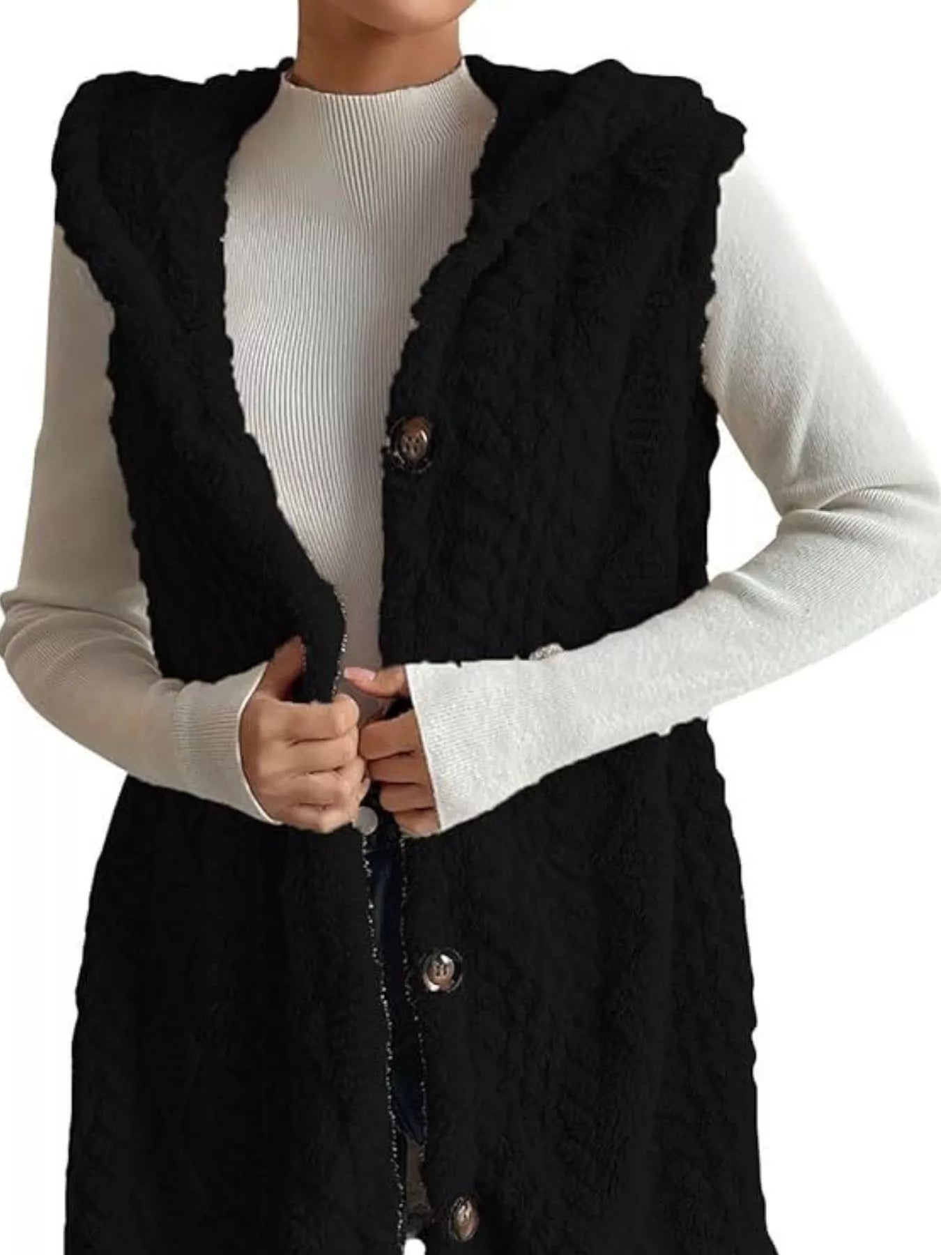 Sarah Express Women's Button-Down Sherpa Hooded Vest Coat