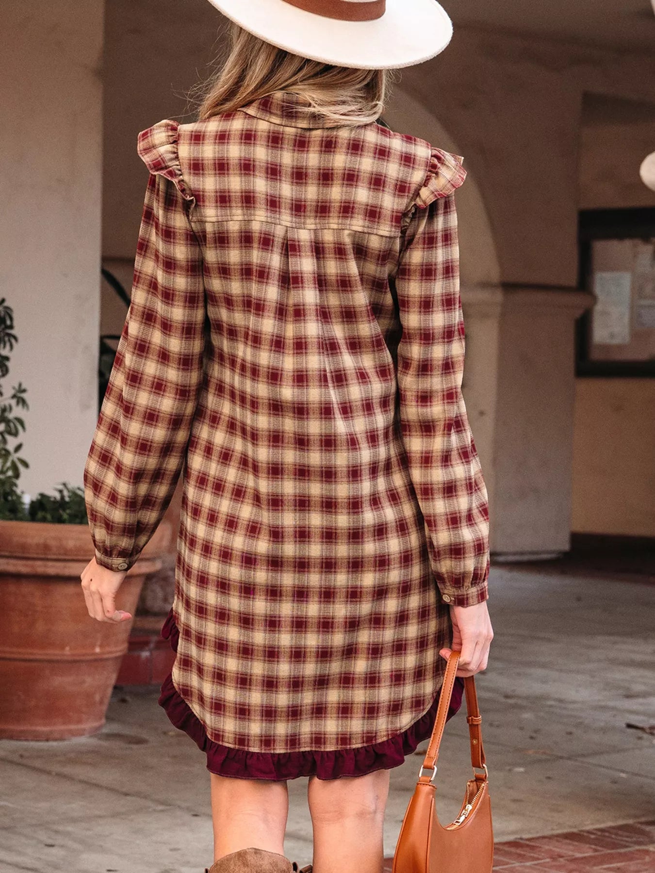 Sarah Express Women's Plaid Print Ruffled Mini Shirt Dress - Long Sleeve Button Front Patchwork Hem