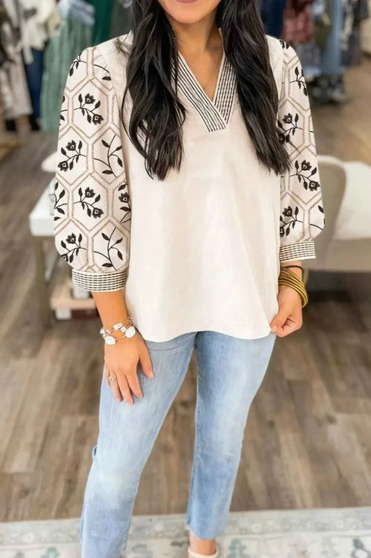 Sarah Express Women's Embroidered Floral Sleeve Blouse - Notched Collar Cotton Top