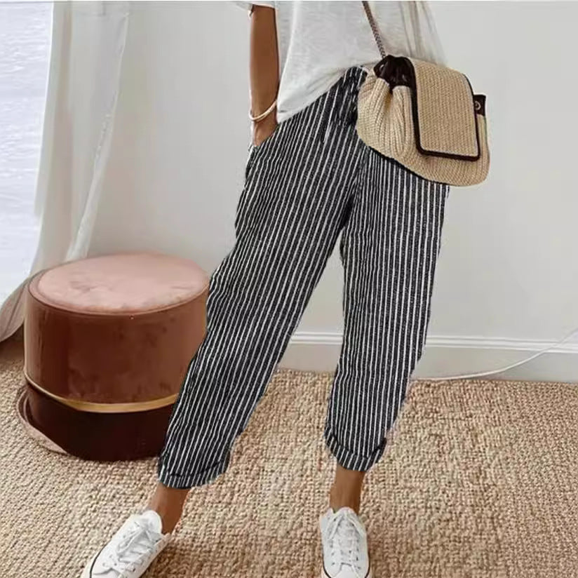 Women's Summer Striped Casual Pants - Loose Fit Elastic Waist Trousers