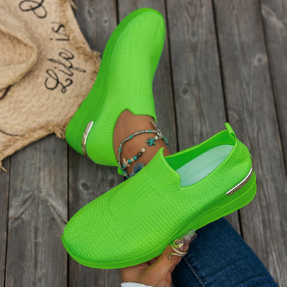 Sarah Express Women's Flyknit Mesh Breathable Wedge Sneakers | Slip-On Platform Casual Shoes Green