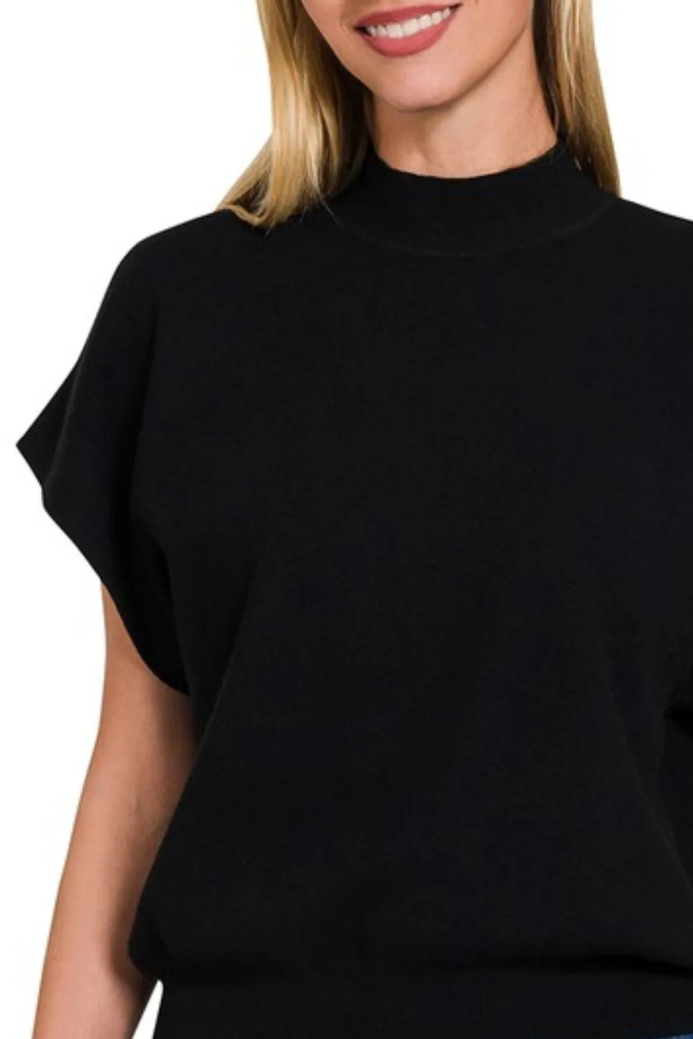 Sarah Express Women’s Ribbed Short Dolman Sleeve Mock Neck Sweater