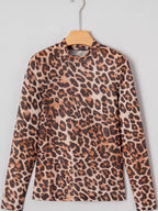 Sarah Express Women's Leopard Mock Neck Long Sleeve Mesh Top