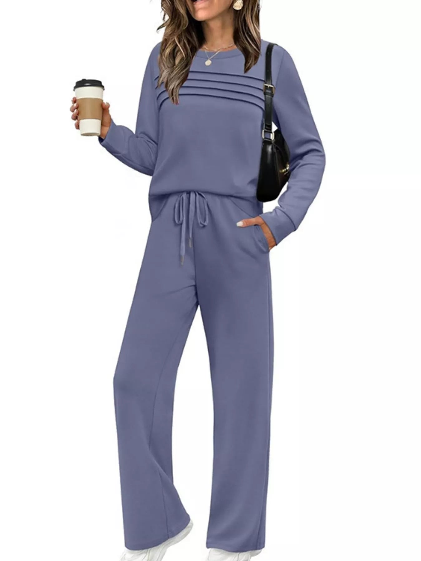 Sarah Express Women's Plus Size Round Neck Long Sleeve Top and Pants Lounge Set - Two Piece Navy Blue