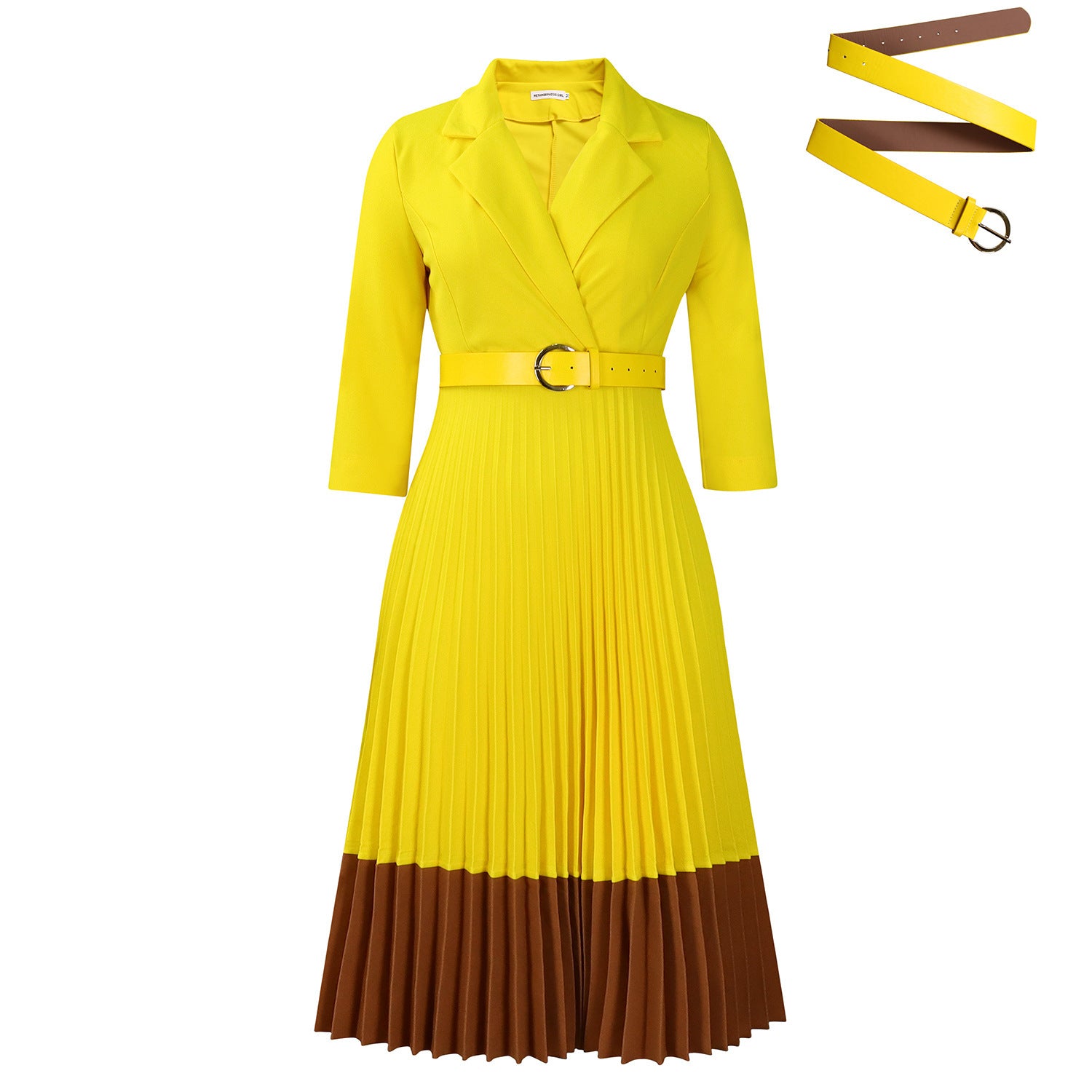 Sarah Express Women's Suit Collar Pleated A-Line Dress with Belt