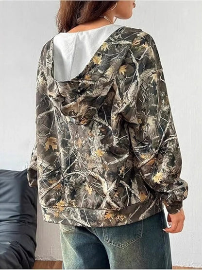 Sarah Express Women's Vintage Printed Zip-Up Hoodie with Pockets