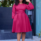 Women's Long Sleeve Belted Swing Dress - Elegant High Waist Mid-Length Dress