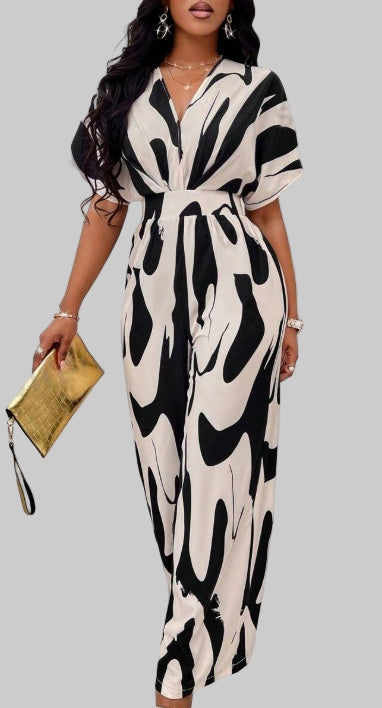 Sarah Express Women's Printed V-Neck Batwing Sleeve Jumpsuit Long Wide Leg One Piece
