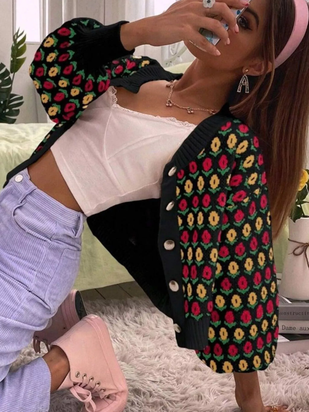 Sarah Express Women's Floral Button Up Long Sleeve Cardigan