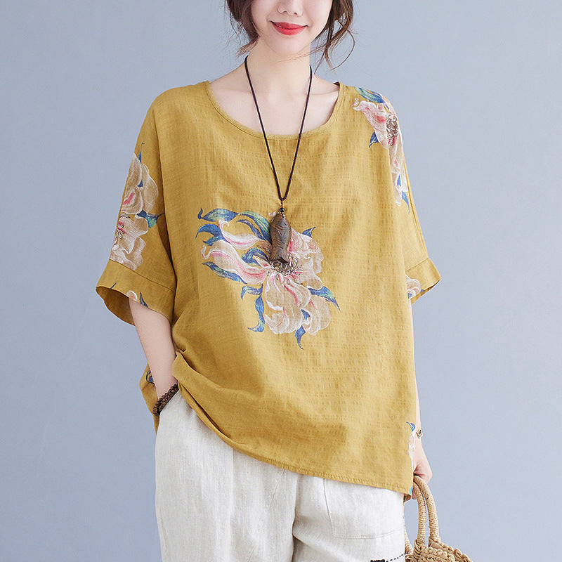 Sarah Express Women's Cotton Linen Printed Top Oversized Short Sleeve Summer Casual Relaxed Fit