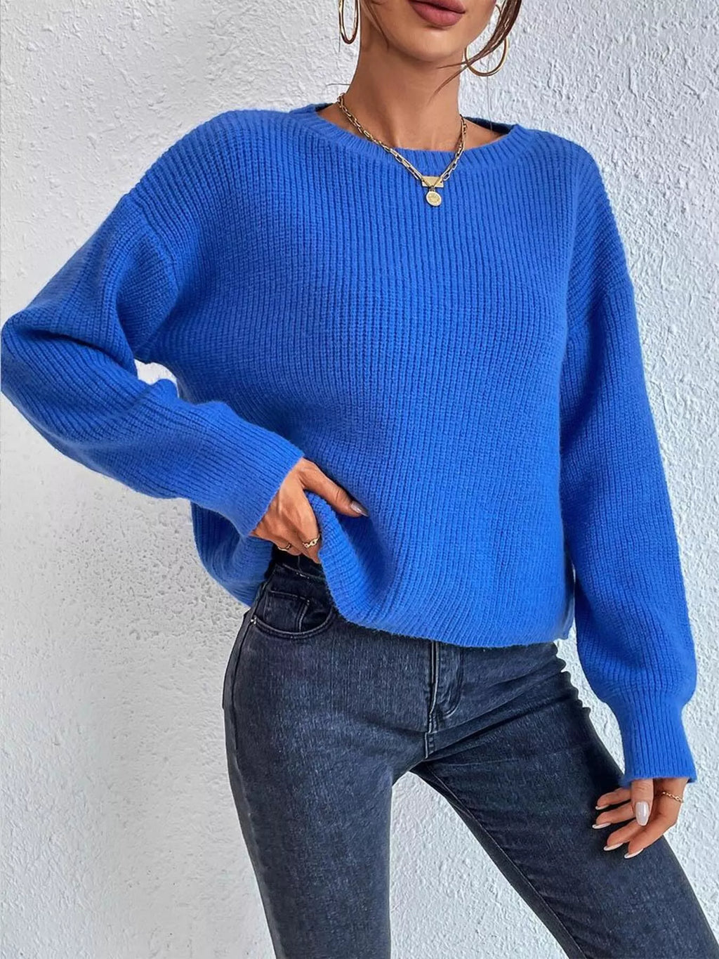 Sarah Express Women's Ribbed Knit Dropped Shoulder Sweater Royal Blue