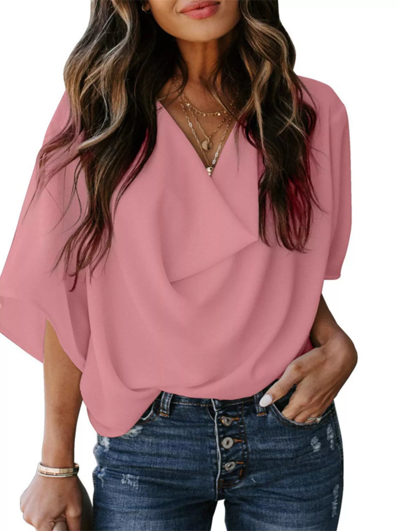 Sarah Express Women's Half Sleeve Flowy Blouse Plus Size Pink