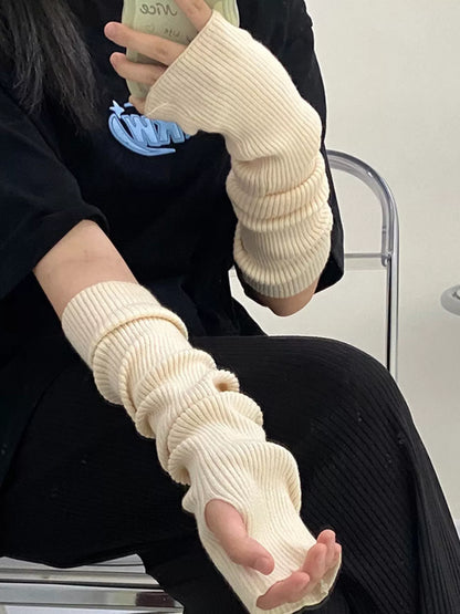 Sarah Express Women's Knitted Arm Warmer Gloves Beige White One Size