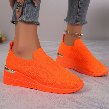 Sarah Express Women's Flyknit Mesh Breathable Wedge Sneakers | Slip-On Platform Casual Shoes Orange Red