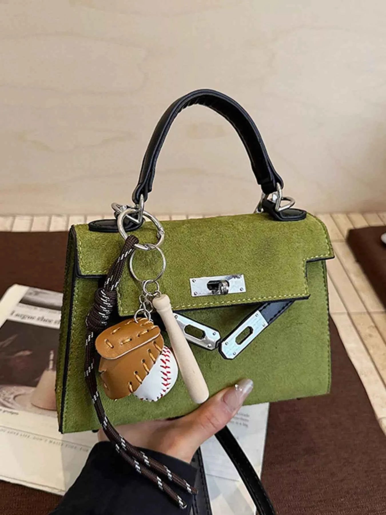 Sarah Express Women's Mini Crossbody Bag with Baseball Charm - Suede Shoulder Bag