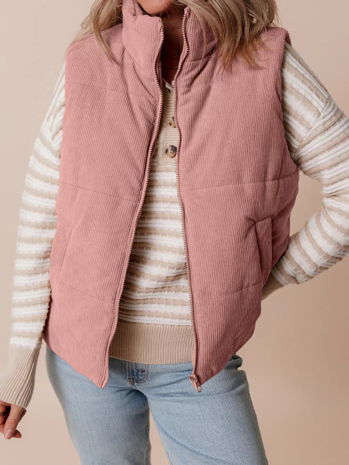 Sarah Express Women's Corduroy Stand Neck Zipped Puffer Vest Dusty Pink