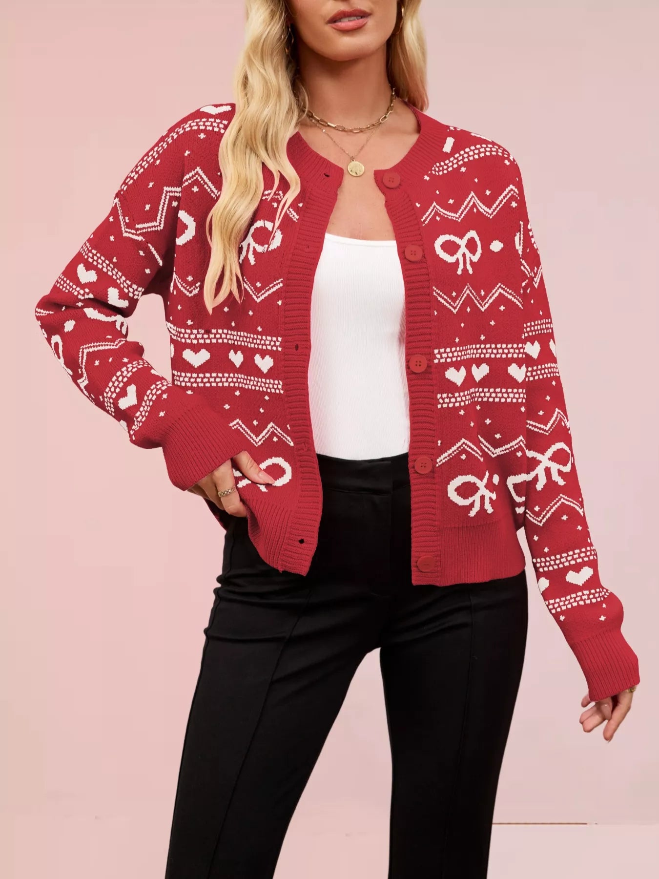 Sarah Express Women's Bowknot Pattern Knit Cardigan Rust