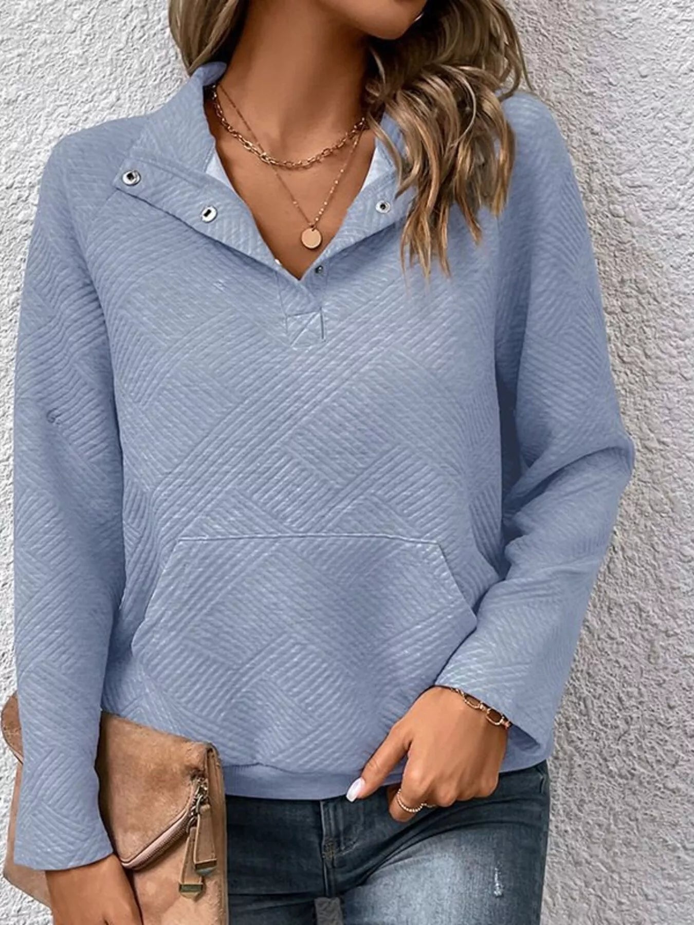 Sarah Express Women's Textured Quarter Snap Sweatshirt Light Blue