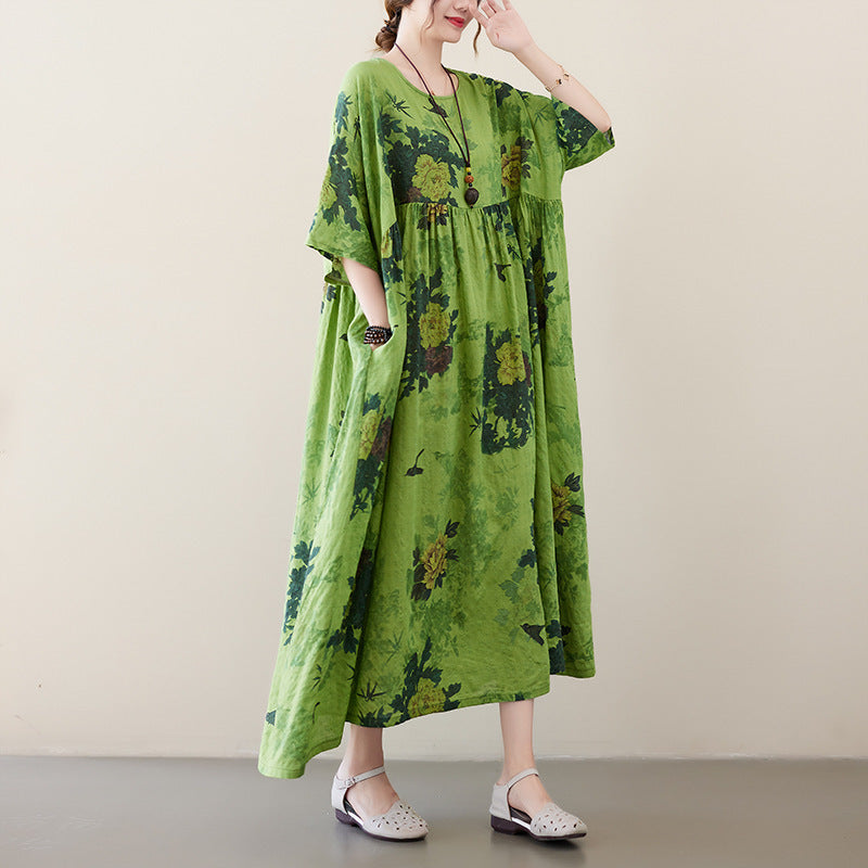 Sarah Express Renaissance Cotton Blend Maxi Dress Short Sleeve Round Neck Swing Silhouette
