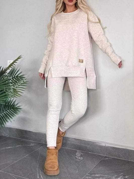 Sarah Express Women's Slit Round Neck Top and Pants Set