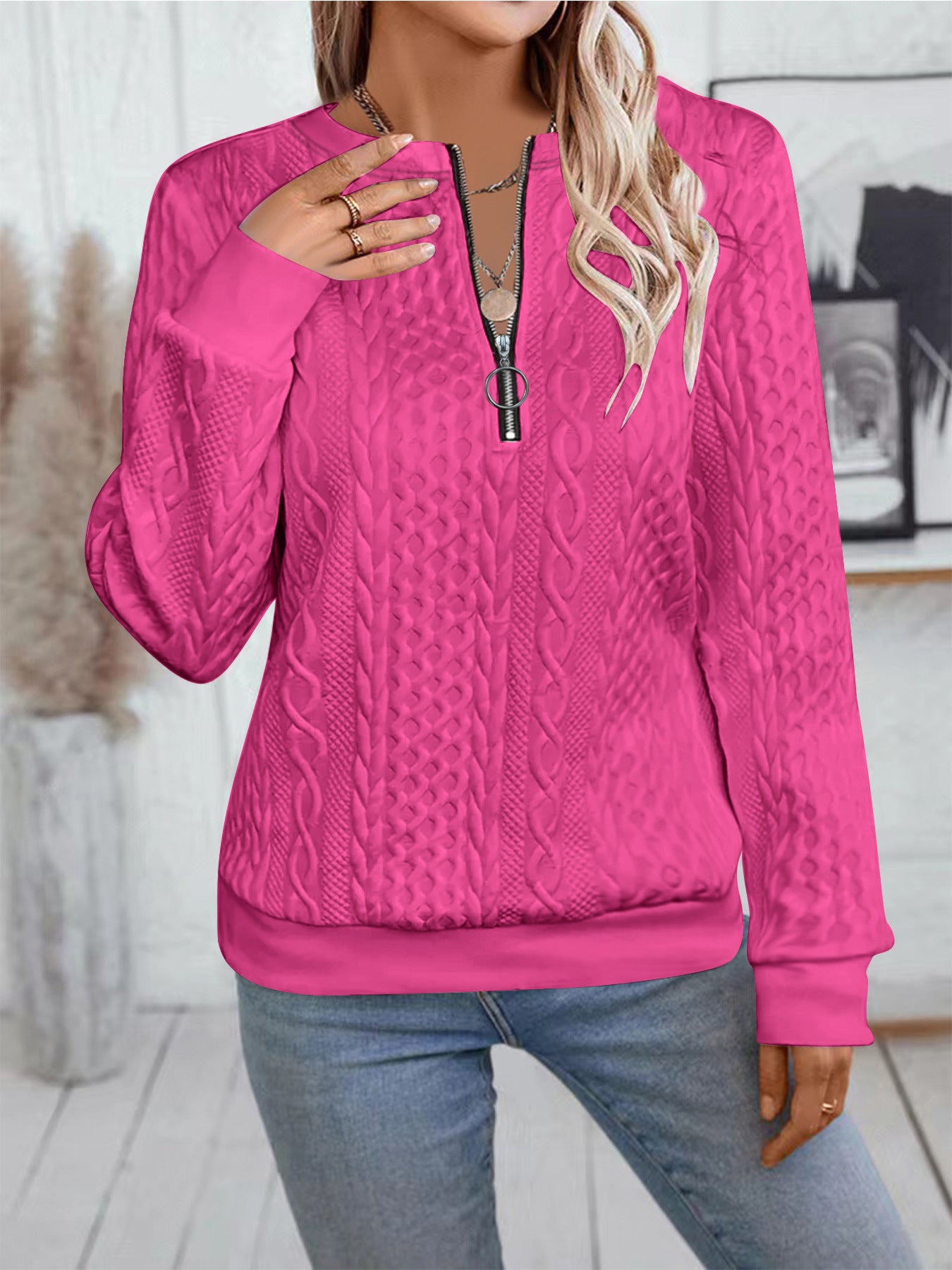 Sarah Express Women's Zipper Detail Long Sleeve Sweater Casual Loose Fit Pullover Top