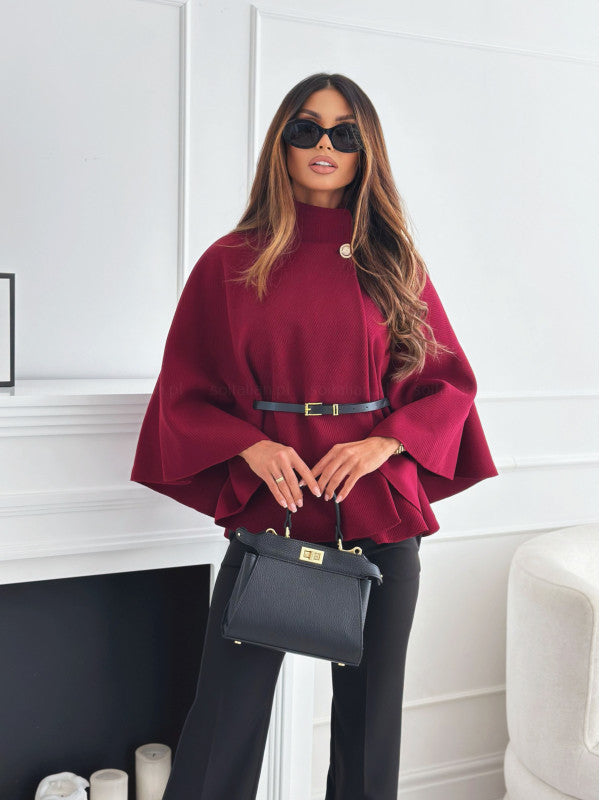 Sarah Express Women's Stand Collar Batwing Sleeve Cloak Top with Belt - Temperament Woolen Jacket Sweater Wine Red