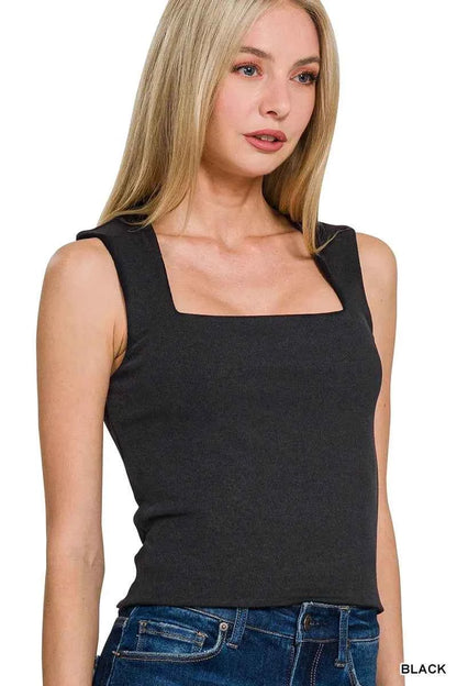 Sarah Express Women's Ribbed Seamless Double Layered Square Neck Tank Top BLACK