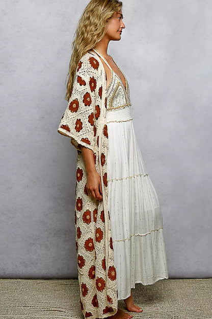 Sarah Express Women's Open Front Floral Crochet Longline Cardigan