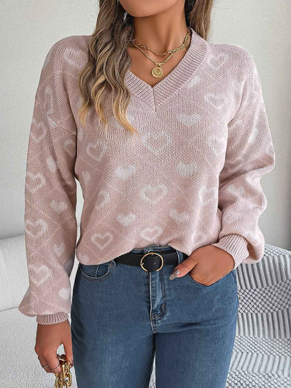 Sarah Express Women Sweet Color Block Heart Lantern Sleeve Pullover Sweater