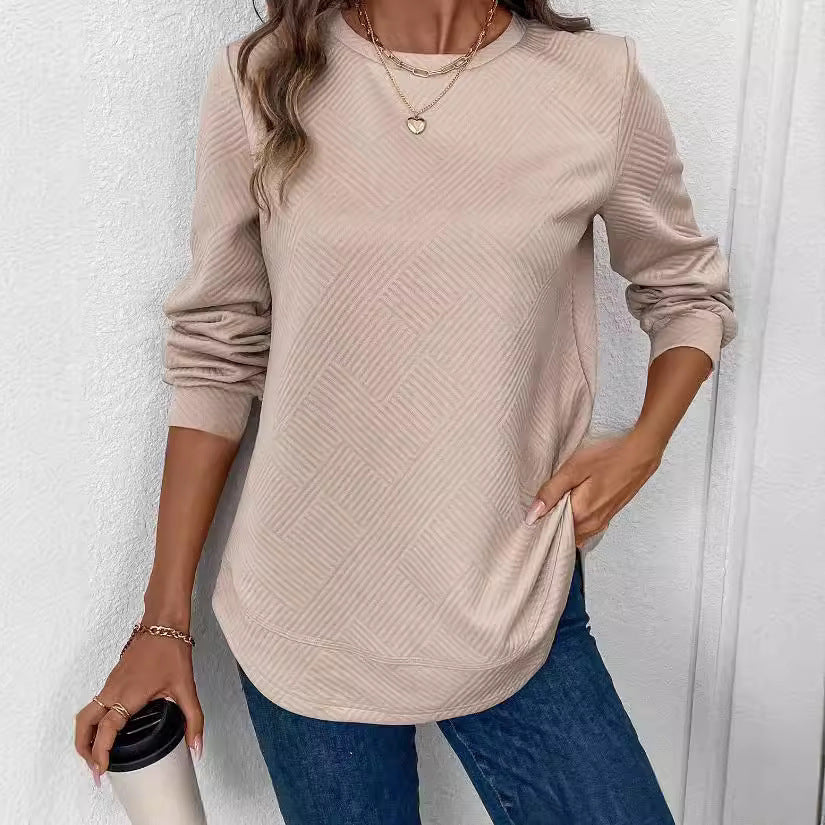 Sarah Express Women's Crew Neck Long Sleeve Casual Shirt Embossed Texture