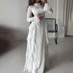 Sarah Express Women's High Waist Flared Sleeve Maxi Dress Round Neck Elegant Patchwork