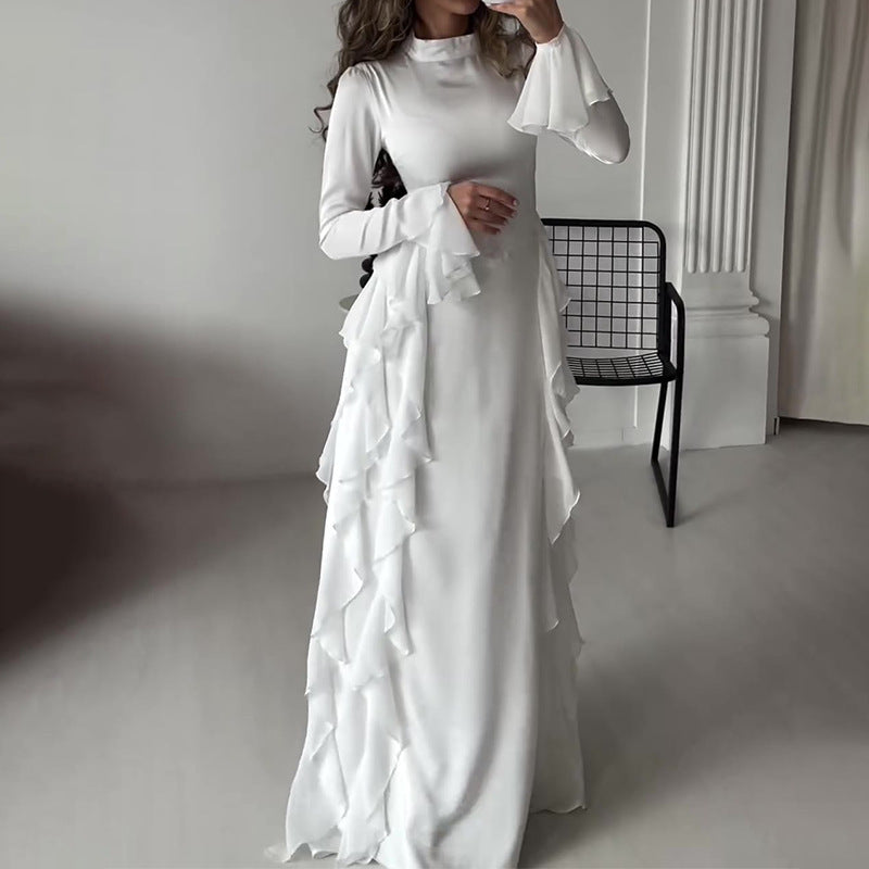 Sarah Express Women's High Waist Flared Sleeve Maxi Dress Round Neck Elegant Patchwork
