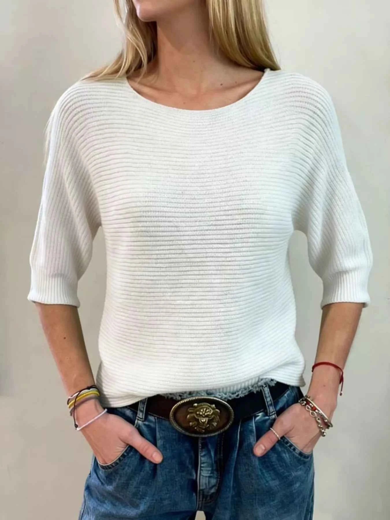 Sarah Express Women's Ribbed Knit Round Neck Sweater - Plus Size Available White