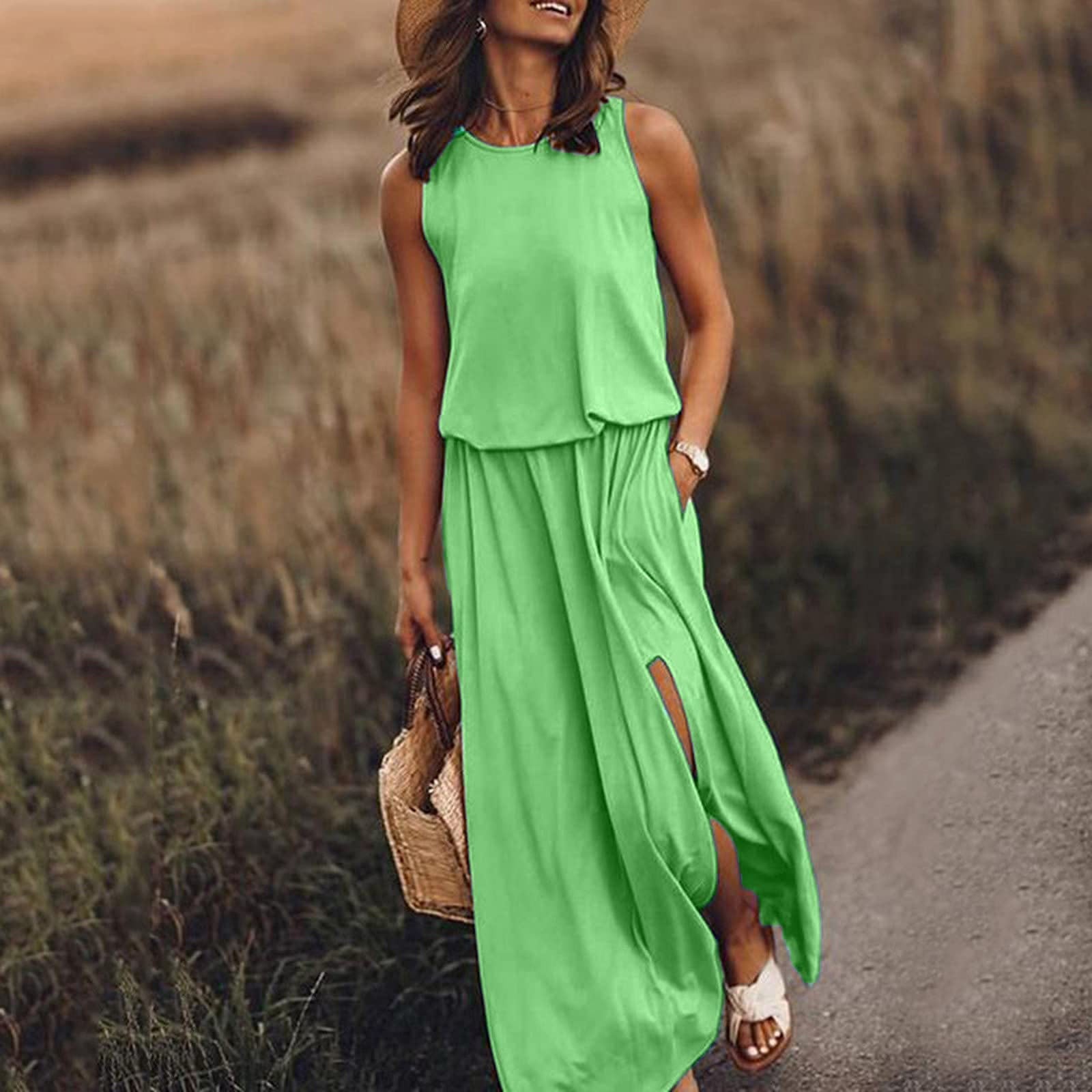 Sarah Express Women's Sleeveless Round Neck Dress with Side Split Solid Color