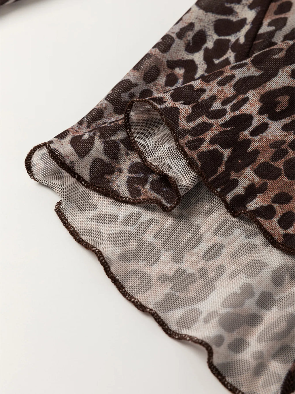 Sarah Express Women's Leopard Sheer Mesh Long Sleeve V Neck Lace-Up Blouse