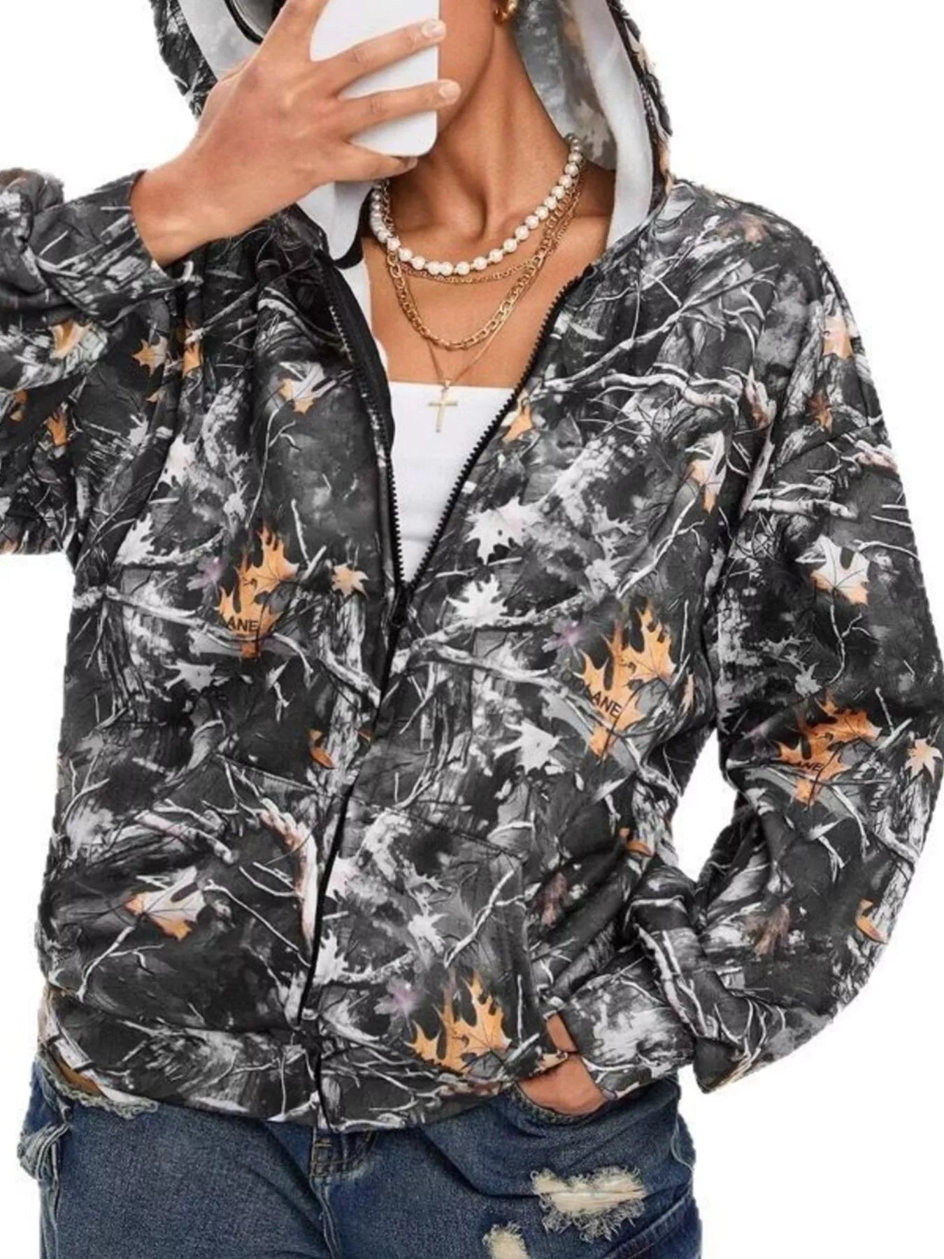 Sarah Express Women's Vintage Printed Zip-Up Hoodie with Pockets Black