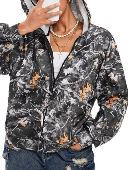 Sarah Express Women's Vintage Printed Zip-Up Hoodie with Pockets Black