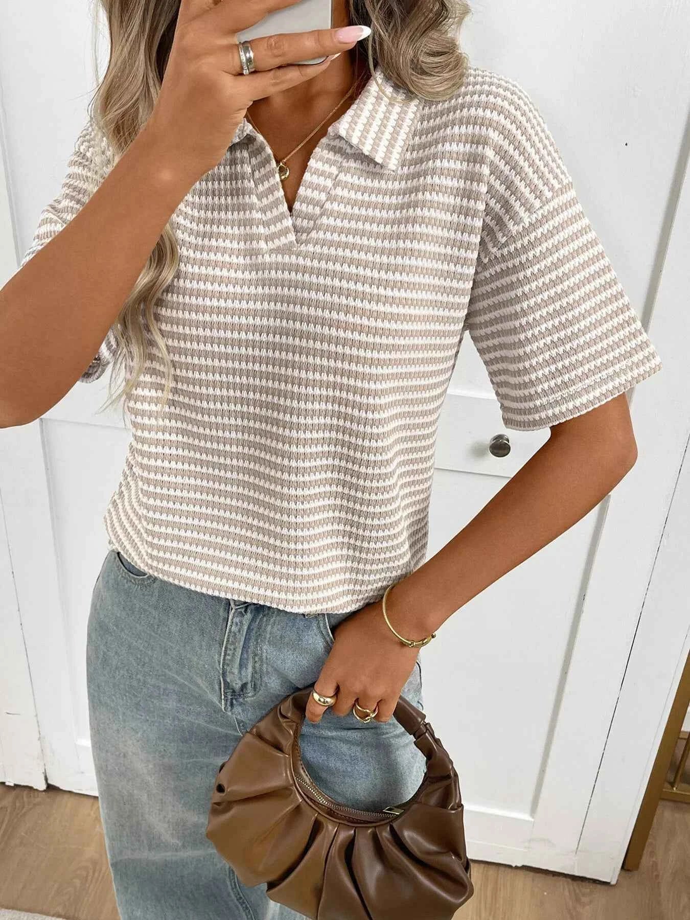 Sarah Express Women's Striped Waffle Knit Short Sleeve Top