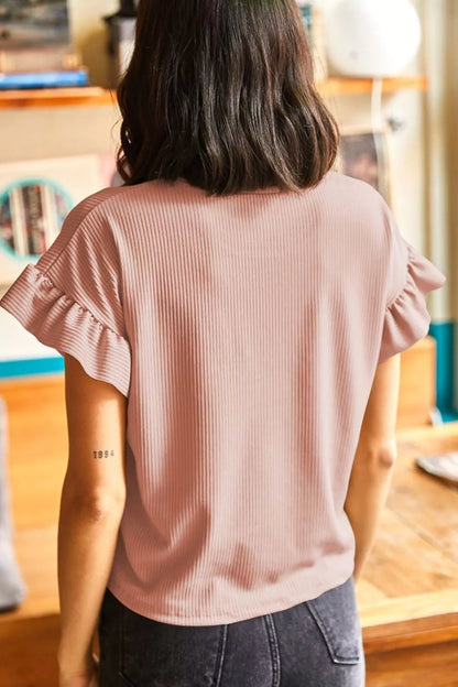Sarah Express Women's Solid Color Ribbed Ruffled Short Sleeve T-Shirt
