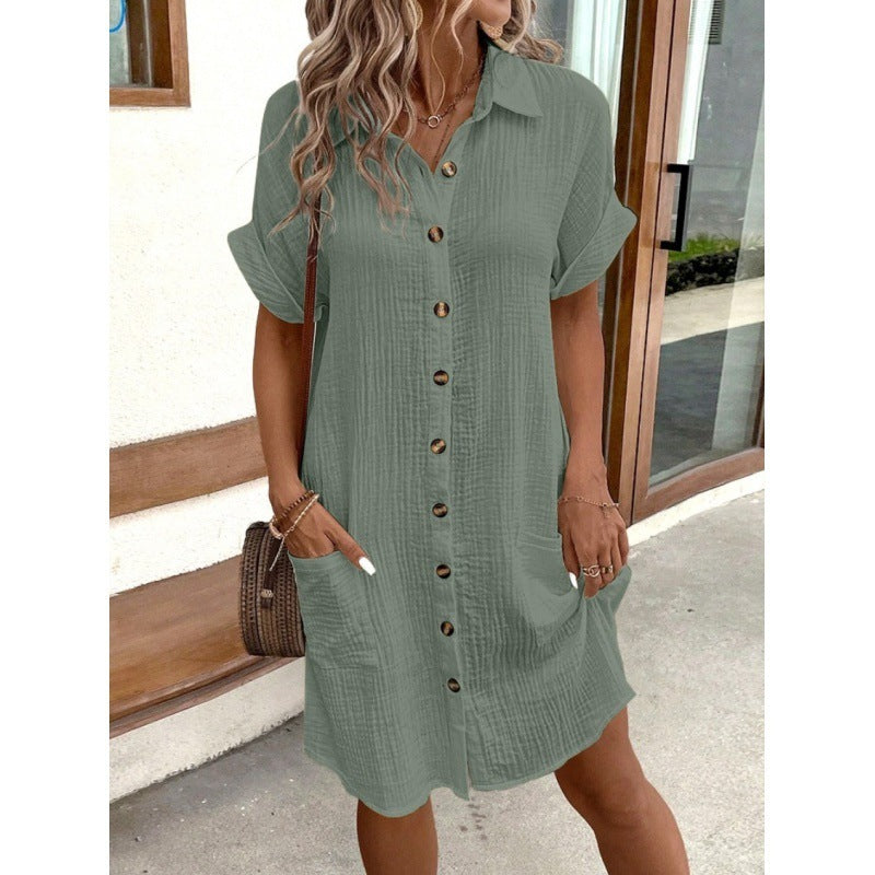 Sarah Express V-Neck Button Front Shirt Dress - A-Line Short Sleeve Women's Dress
