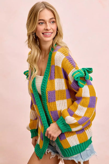 Sarah Express Women's Mardi Gras Checkerboard Front Open Cardigan