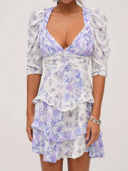 Sarah Express Women's Ruffled Floral Print Half Sleeve Dress Purple