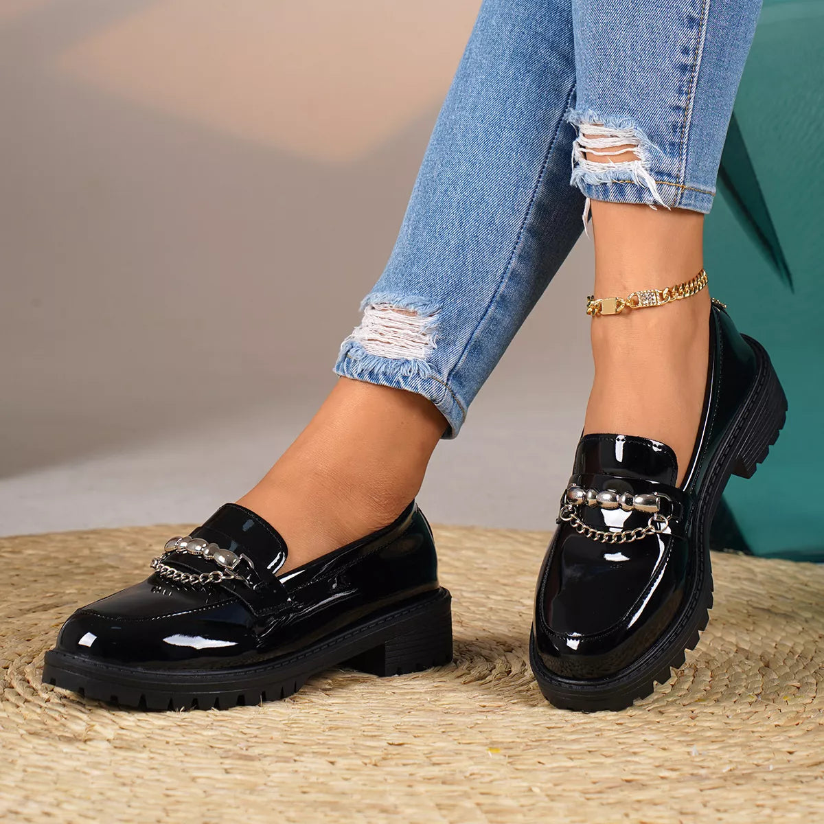 Sarah Express Women's Chain Embellished Round Toe Loafers