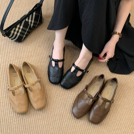 Sarah Express Vintage T-Strap Slingback Flat Heel Shoes - Women's Buckle Strap Mary Jane Flats